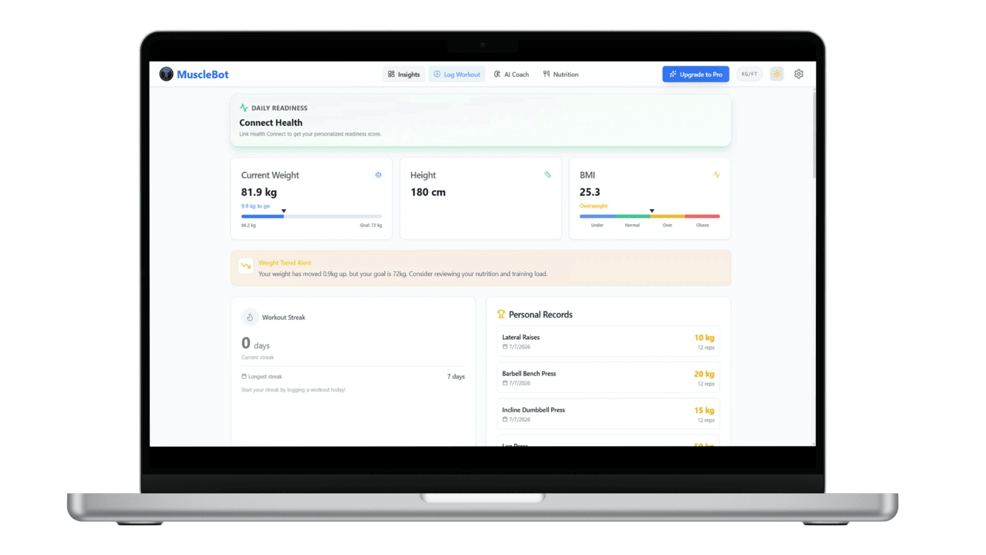 MuscleBot cross-platform AI fitness, nutrition, and workout logging interface mockup