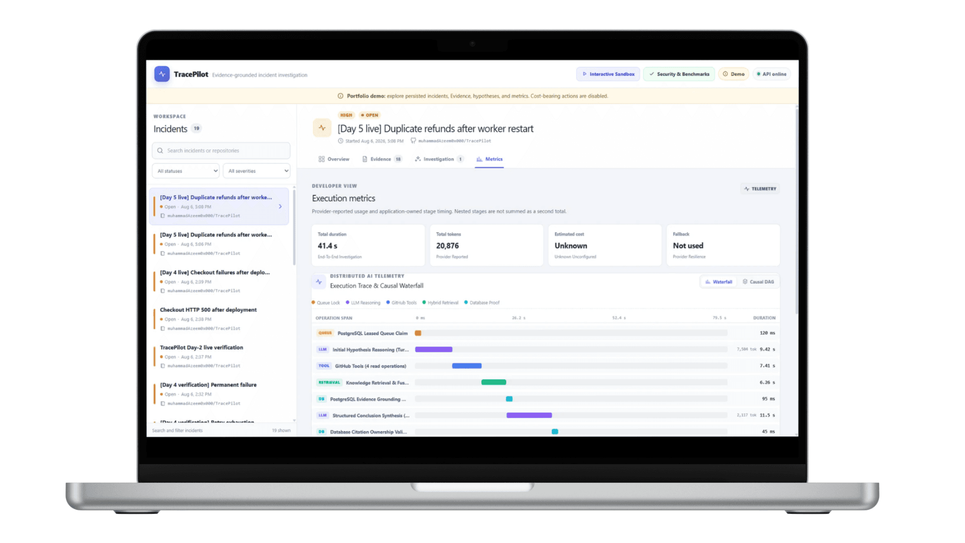 TracePilot AI incident investigation interface mockup with citation verification
